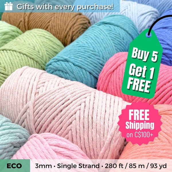 3mm Macrame String 280ft/85m | ECO Recycled Cotton | Single Strand Macrame Cord | GRS and Oeko-Tex® Certified