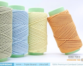 Cordón de macramé de algodón de triple hebra de 4 mm / 100 % algodón peinado, certificado OEKO-TEX®