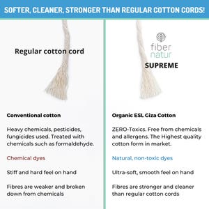 Puede incluir: Imagen comparativa de cord&oacute;n de algod&oacute;n normal frente a algod&oacute;n org&aacute;nico ESL Giza. El texto destaca los beneficios del algod&oacute;n org&aacute;nico, como ser m&aacute;s suave, limpio y fuerte. La imagen incluye el texto "SOFTER, CLEANER, STRONGER THAN REGULAR COTTON CORDS!"