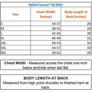 May include: A size chart for Bella+Canvas BC3001 apparel, detailing chest width and body length in inches. Sizes range from S to 4XL, with chest measurements from 34 to 61 inches and body lengths from 28 to 34 inches.