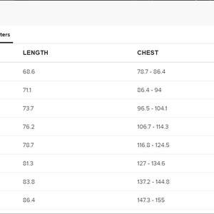 May include: Size chart showing length and chest measurements in inches and centimeters for sizes XS to 4XL.