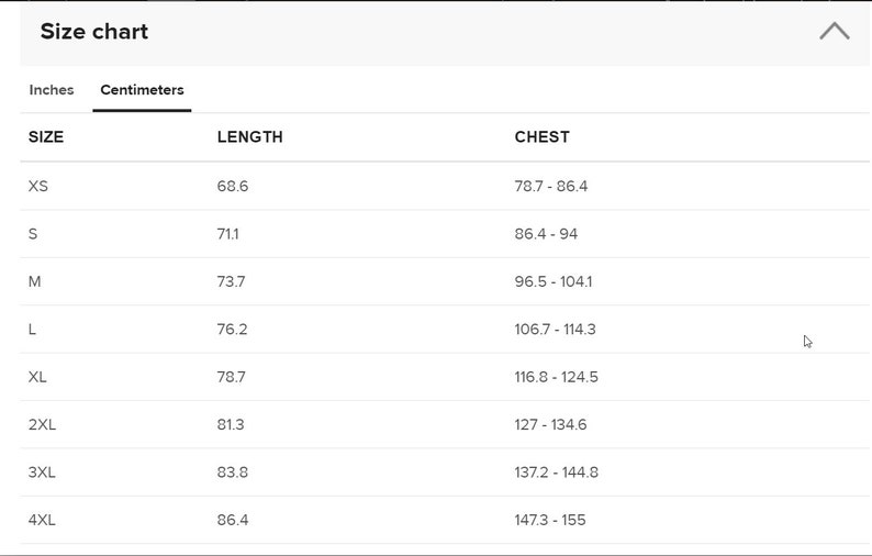May include: Size chart showing length and chest measurements in inches and centimeters for sizes XS to 4XL.
