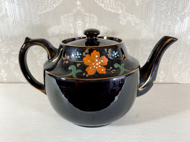 Vintage Victorian Black Handpainted Burslem Teapot With Red Etsy