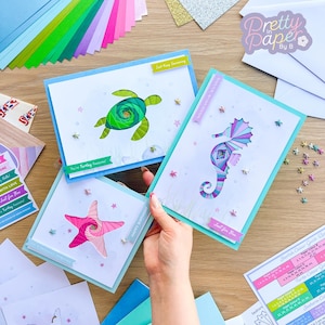 Kit per la creazione di biglietti "Sea Life Friends" / Animali marini pieghevoli a forma di iride / Principiante/Intermedio / Regalo creativo per cassetta delle lettere / Stella marina, cavalluccio marino, tartaruga