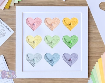 Nine Paper Hearts Iris Folding Craft Kit | Beginners Wall Art Kit | Pastel Colours