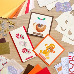 Kit per creare cartoline di dolcetti natalizi / Piegatura dell'iride per principianti / Budino di Natale, Omino di pan di zenzero, Bastoncino di zucchero
