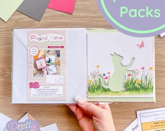 Playful Kitten PRINTED Aperture Pack (Pack of 3) | Square White Embellished Apertures (x3), Coloured Card Blanks (x3), Square Envelopes (x3)