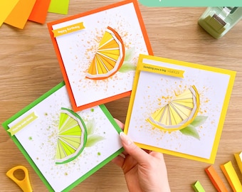 Citrus Fruit Wedge Aperture Cards (Pack of 3) | Square White Printed Apertures, Coloured Card Blanks & White Envelopes