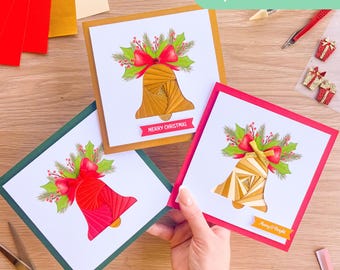 Christmas Bell PRINTED Aperture Card (Pack of 3) | Square White Printed Apertures, Coloured Card Blanks, Envelopes & Iris Folding Pattern