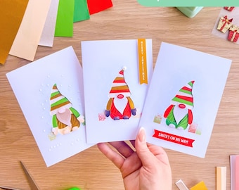 Baby Gonk Mini Card Apertures A6 (Pack of 6) | PRINTED White Card Blanks, Envelopes, Inserts, Iris Folding Pattern | Red Green Gold