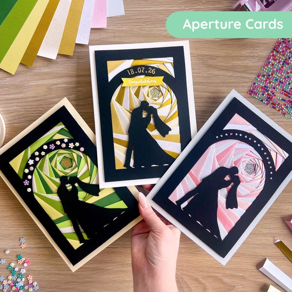 Couple Silhouette Aperture Cards (Pack of 3) | Black Apertures, A5 Coloured Card Blanks & White Envelopes