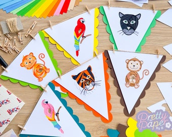 Jungle Animal Bunting Craft Kit | Iris Folding Craft Activity | Tiger Panther Monkey Parrot