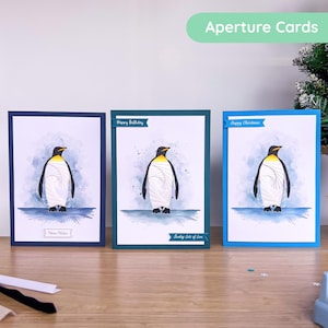 Puede incluir: Tres tarjetas de felicitación con ilustraciones de pingüinos. Cada tarjeta tiene un borde de color diferente: azul marino, verde azulado y azul claro. Las tarjetas tienen texto que dice "Warm Wishes", "Happy Birthday" y "Happy Christmas". Las tarjetas están etiquetadas como "Aperture Cards".