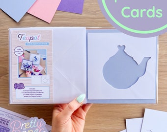 Teapot Aperture Card (Pack of 3) | 3 x Square White Apertures, Coloured Card Blanks & White Envelopes