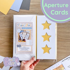 Triple Star Aperture-kaarten (pak van 3) | 3 x rechthoekige witte openingen, gekleurde blanco kaarten en witte enveloppen