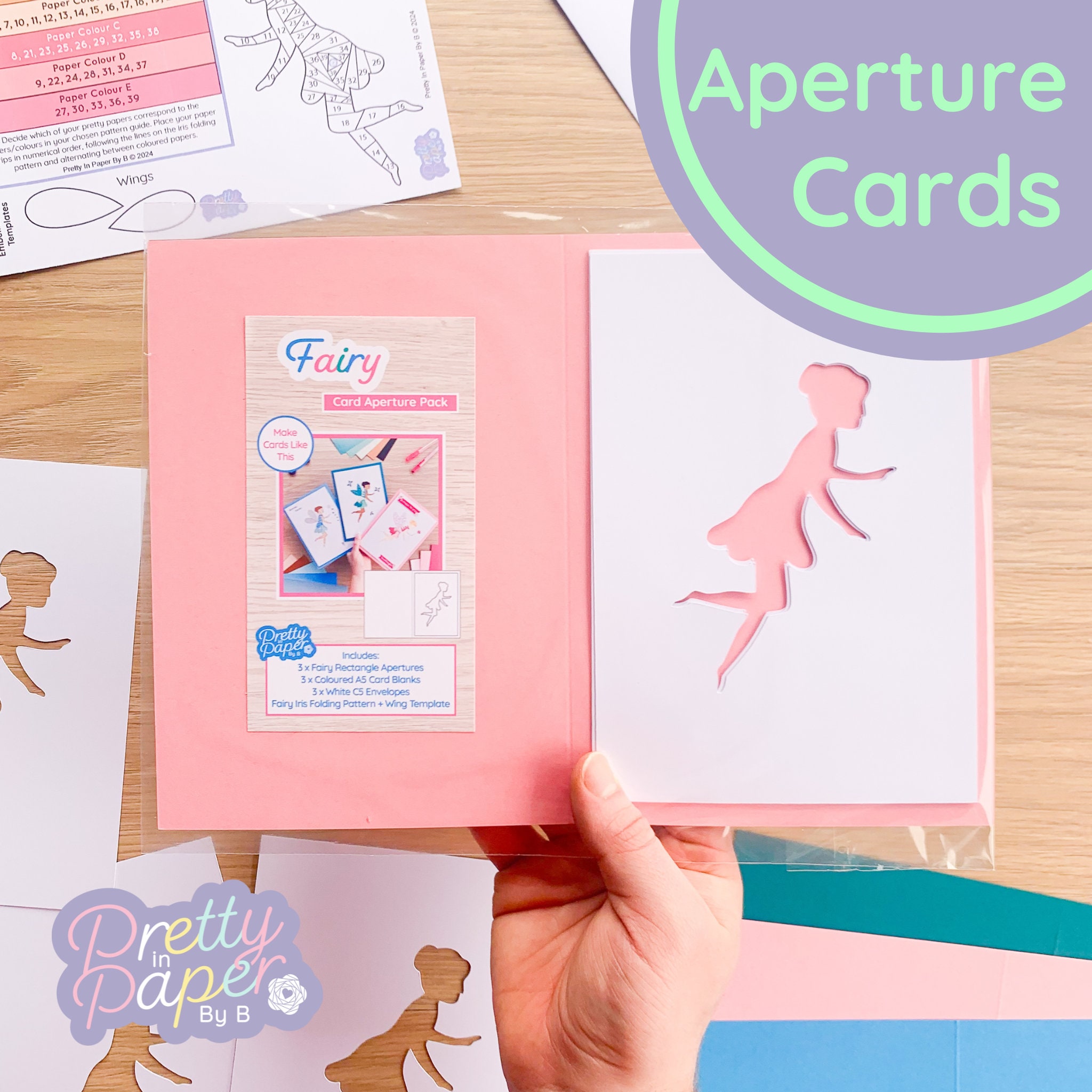 Fairy Aperture Pack (Pack of 3) | Rectangle White Apertures (x3), Coloured Card Blanks (x3),  C5 White Envelopes (x3)