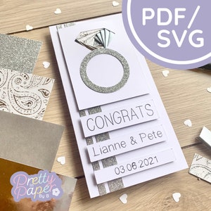 Puede incluir: Una tarjeta blanca con un diseño de anillo de purpurina plateada y el texto "CONGRATS" en la parte superior, "Lianne & Pete" en el medio y "03.06.2021" en la parte inferior.