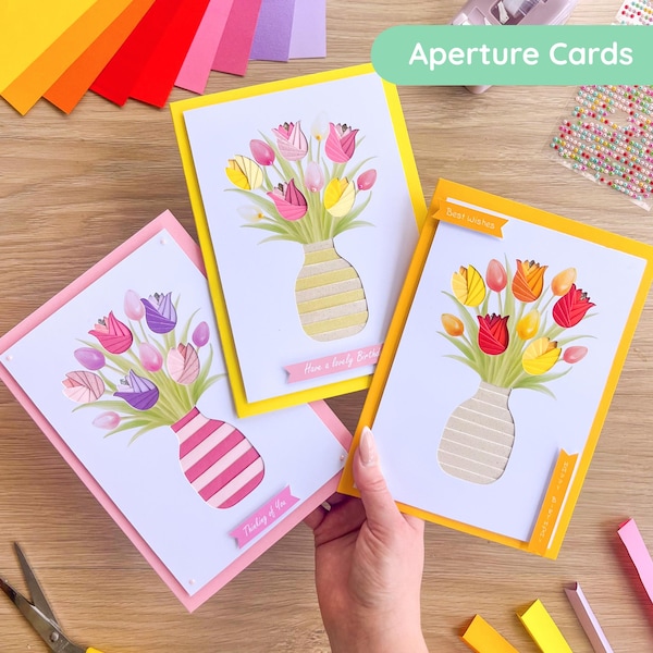 Tulip Bouquet and Vase Aperture Card (Pack of 3) | PRINTED Apertures, Coloured Card Blanks & Envelopes | Intermediate