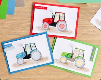 Farm Tractor PRINTED Aperture Pack (Pack of 3) | Embellished Apertures, Coloured Card Blanks , Envelopes | Iris Folding Pattern & Guide