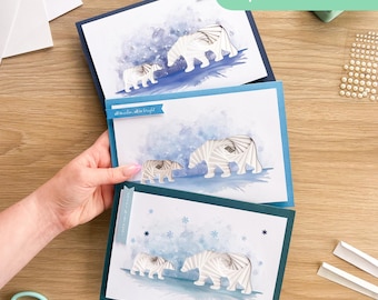 Polar Bear and Cub PRINTED Apertures (Pack of 3) | Rectangle Aperture cards (x3), Coloured Card Blanks (x3),  C5 White Envelopes (x3)