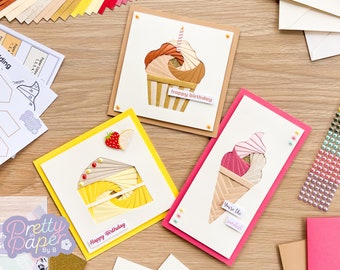 Party Treats Card Making Kit | Intermediate Iris Folding Craft Kit | Letterbox Craft Kit Gift | Cupcake, Cake Slice and Ice Cream
