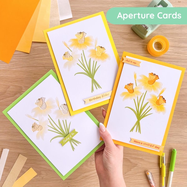 Daffodils PRINTED Aperture Pack (Pack of 3) | Embellished Apertures, Card Blanks, Envelopes, Iris Folding Pattern & Colour Guide
