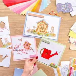 Gardener's World Karten machen Kit | Iris Folding Bastelset Anfänger | Briefkasten Handwerk Geschenk | Gartenschuppen Gießkanne Vogelhaus
