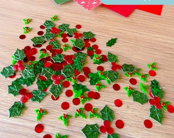 Paper Craft Holly and Berry Mixed Embellishment Pack - 5g Resin, Foil and Fabric Holly Leaves
