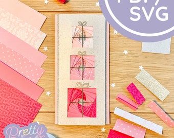 May include: A craft project with a white card base and three pink and red paper gift boxes. The card is surrounded by various pink and red patterned paper strips, a roll of white tape, and a silver glitter paper. The text "PDF/SVG" is on a purple circle in the upper right corner.