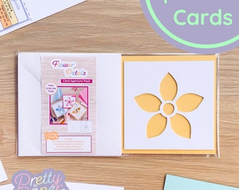 Flower Petal Aperture Pack (Pack of 3) | Square White Apertures (x3), Coloured Card Blanks (x3),  Square Envelopes (x3)