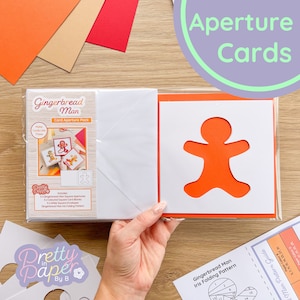 Gingerbread Man-diafragmakaart (3 stuks) | 3 vierkante witte openingen, gekleurde kaartblanco's en witte enveloppen