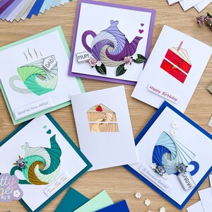 Kit per la creazione di biglietti per il tè pomeridiano / Kit per attività artigianali pieghevoli per principianti in carta Iris / Teiera, tazza da tè e torta
