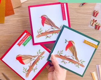 Christmas Robin PRINTED Aperture Card (Pack of 3) | Square White Printed Apertures, Coloured Card Blanks, Envelopes & Iris Folding Pattern