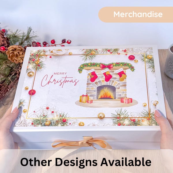 Large A4 Size White Folding Magnetic Gift Box with Gold Ribbon | Butterflies or Christmas Fireplace Design