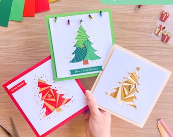 Christmas Fir Tree PRINTED Aperture Card (Pack of 3) | Square White Apertures, Coloured Card Blanks, Envelopes & Iris Folding Pattern