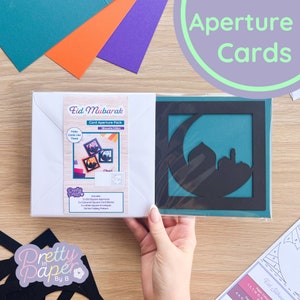Eid Mubarak-kaart met silhouet met opening (3 stuks) | 3 vierkante zwarte openingen, gekleurde kaartblanco's en witte enveloppen
