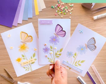 Mini Butterfly Garden with PRINTED Flower Card Apertures A6 (Pack of 6) | White Card Blanks & Envelopes x6 | Iris Folding Pattern
