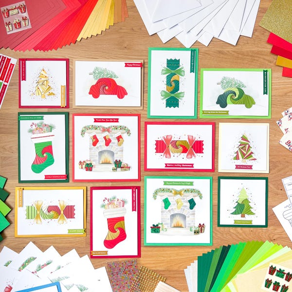 Christmas at Home Card Making Kit | Traditional Edition | Iris Folding Card Making | Stocking Cracker Car Christmas Tree Fireplace