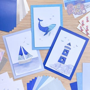 Kit di decorazioni murali Coastal Calm / Kit di artigianato per adulti con carta da piegare Iris sul mare / Da principiante ad avanzato / Balena, faro, barca a vela
