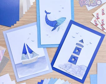 Coastal Calm Wall Art Kit | Seaside Iris Paper Folding Adult Craft Kit | Beginner to Advanced | Whale, Lighthouse, Sailing Boat
