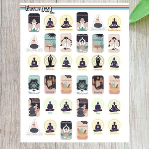 May include: A sheet of 30 printable stickers featuring various yoga poses and meditation themes. Each sticker has a different design with a silhouette of a person in a yoga pose, a mandala, or other symbolic imagery. The stickers are designed to be cut out and used as planner stickers or for other creative projects.