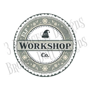 May include: A circular, vintage-style logo with the text "ELF WORKSHOP Co." in a gray and white color scheme. The design includes snowflakes, an elf hat, and decorative borders, suggesting a holiday or seasonal theme.