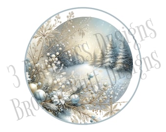 May include: A round, blue and white Christmas ornament with a winter scene of a snowy forest with gold and white branches and berries.