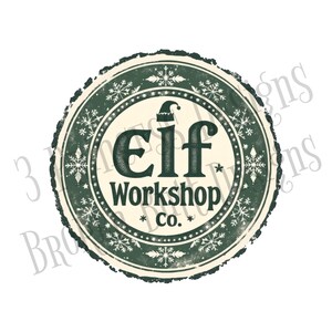 May include: A circular, distressed green and cream-colored logo with the text "Elf Workshop Co." The word "Elf" is in a bold, stylized font, with a Santa hat on top. The design includes snowflakes and stars.