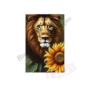 Realistic lion with sunflowers sign