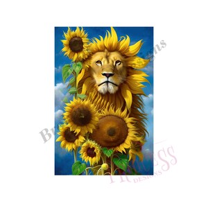 Realistic lion with sunflowers sign