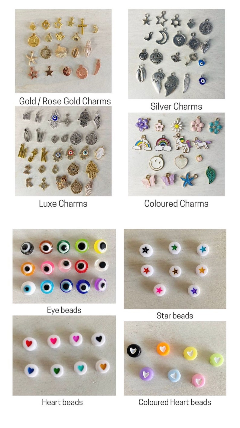 May include: Assortment of colorful beads and charms for jewelry making. Includes eye beads, star beads, heart beads, and charms in gold, silver, and colored finishes.