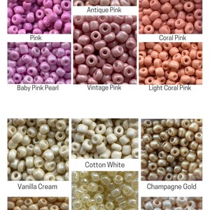 May include: A collection of 12 different colors of seed beads, including shades of pink, cream, and white. The beads are arranged in a grid pattern, with each color labeled below.