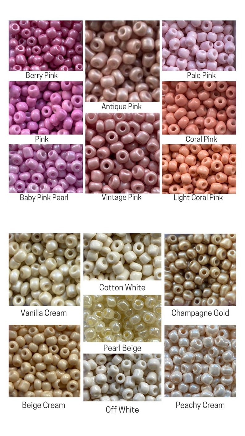 May include: A collection of 12 different colors of seed beads, including shades of pink, cream, and white. The beads are arranged in a grid pattern, with each color labeled below.