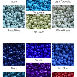 May include: A collection of 15 different colors of seed beads, including aqua, dark aqua, light turquoise, turquoise, pastel blue, white green, pale green, cobalt, navy, mid blue, dark purple, ocean blue, red, and dark red.